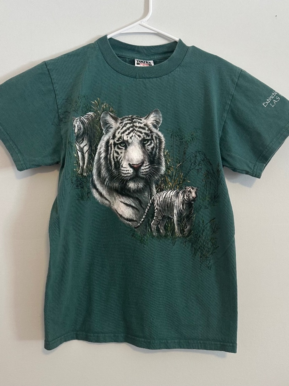 White Tiger Animal Graphic Print T-Shirt Small Green Y2K Short Sleeve